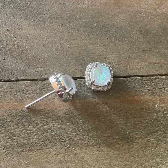 Simulated Fire Pink, Blue Opal, White Gold Plated, Cubic Zirconia Stud Earrings - Picture 8 of 12